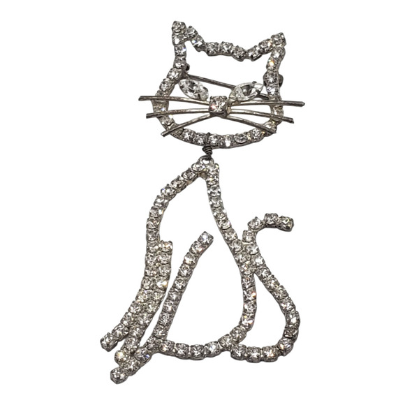 Vintage Rhinestone Cat Brooch Pin Articulated Kitty Moves Big Size Cat Lover - Picture 1 of 9